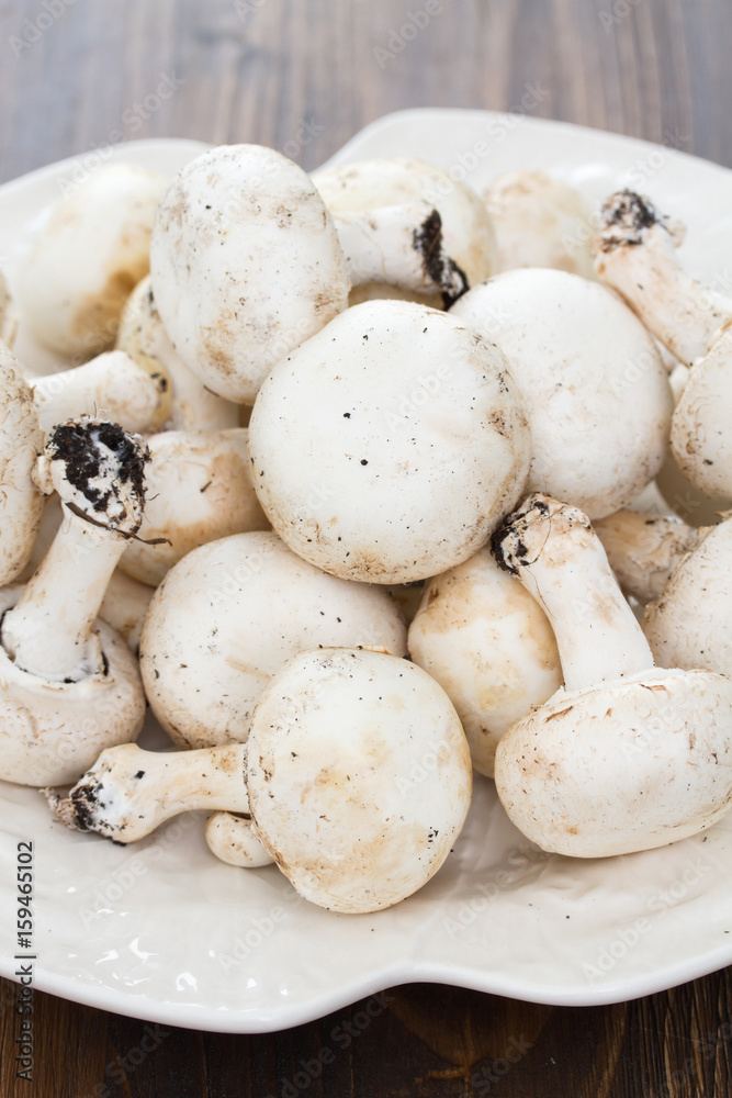 fresh mushrooms in white plate on wooden background fresh mushrooms in white plate on wooden background