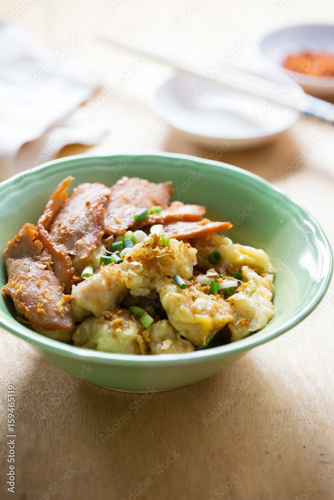 pork stuff wonton with roast red pork for meal,thai food pork stuff wonton with roast red pork for meal,thai food