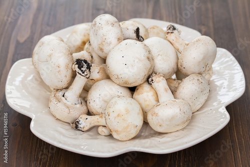 fresh mushrooms in white plate on wooden background