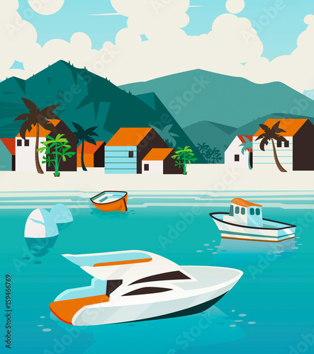 Summer Holidays poster. Vector summer landscape with ocean, tropical island, sailing yacht