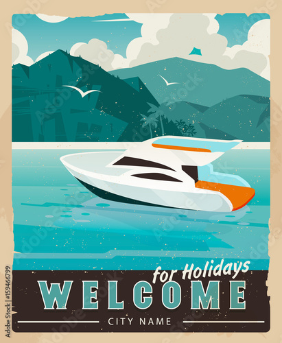 Vector Travel Poster in vintage style. Retro voyage illustration for advertising.
