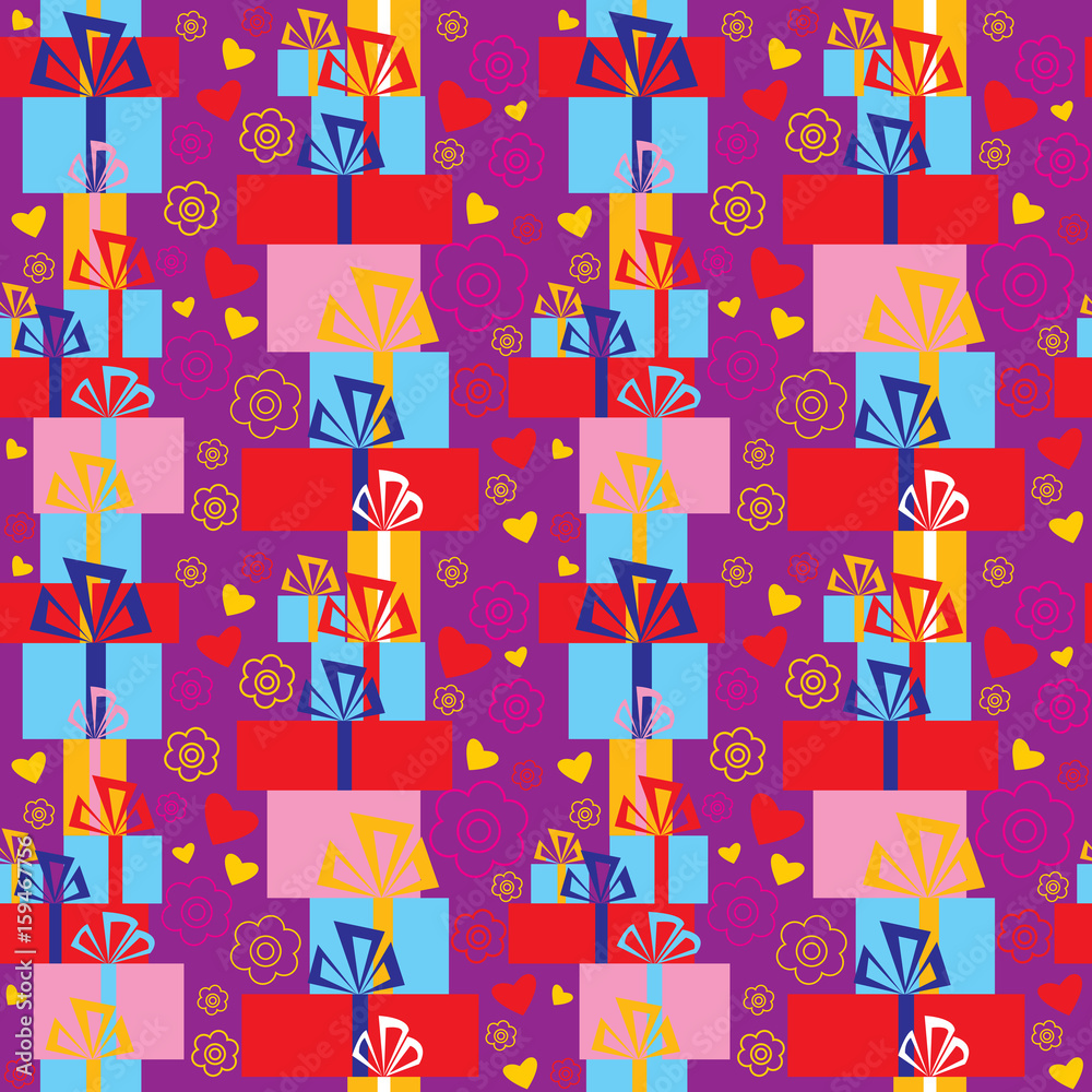 Seamless festive pattern with gifts on a violet background