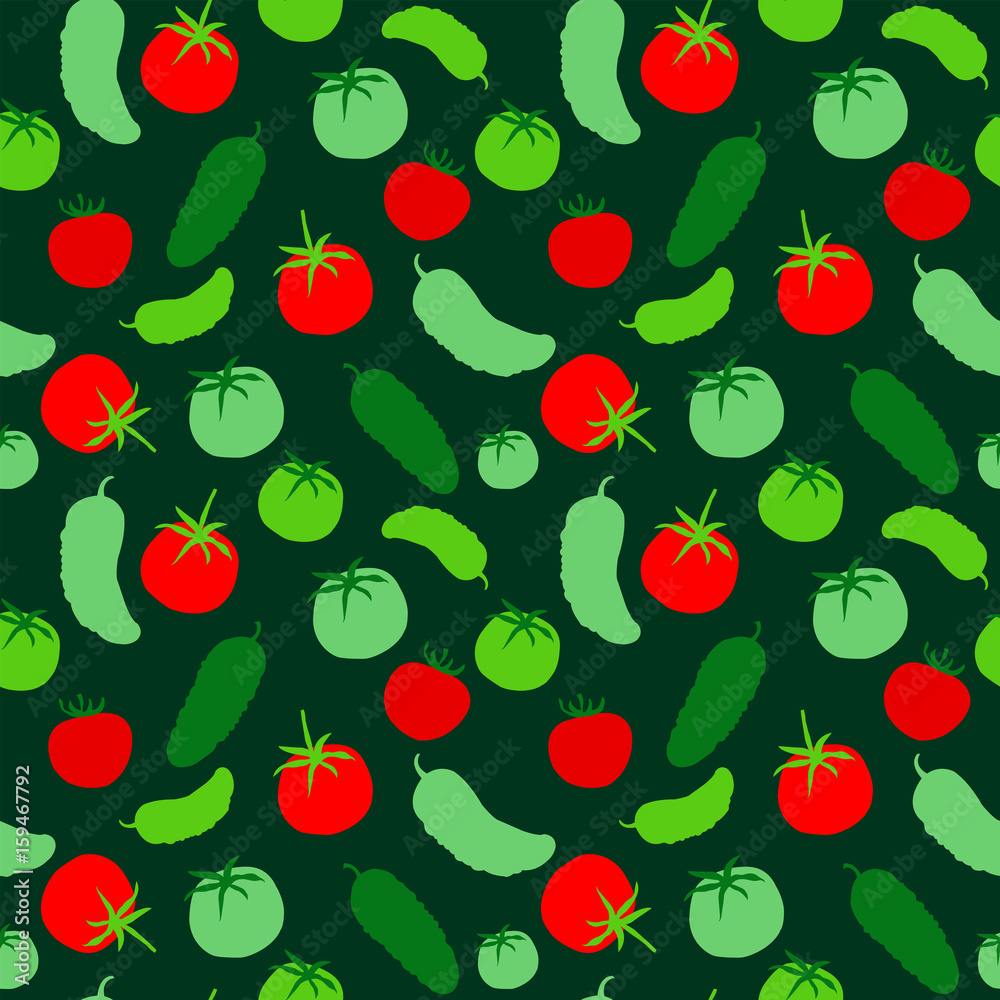 Seamless pattern with tomato and cucumber on a green background Seamless pattern with tomato and cucumber on a green background