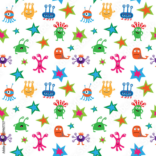 Seamless pattern with aliens and stars on white background