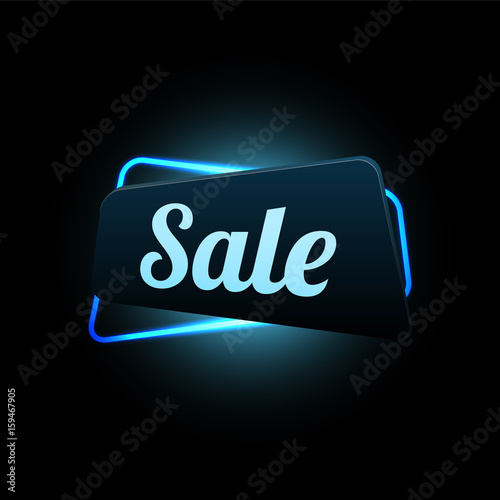 Sale banner with blue neon light on dark background, vector, realistic design