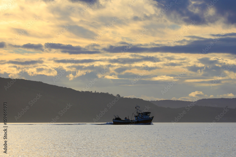 Carrier ship at sunset in the sea, Chiloe Island, Chile, South America