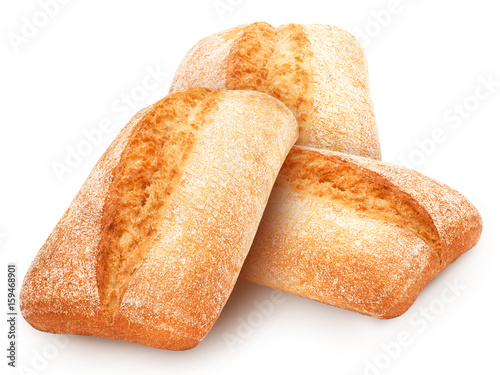 Three freshly baked loaves of traditional italian bread ciabatta isolated on white background. 