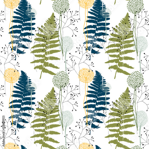 Floral pattern with fern leaves, dandelions and grasses.