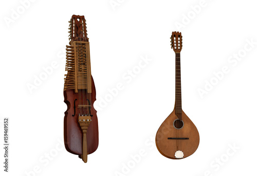 Mittelalterliche Musikinstrumente Nyckelharpa und Irish bouzouki über dem weißen Hintergrund photo