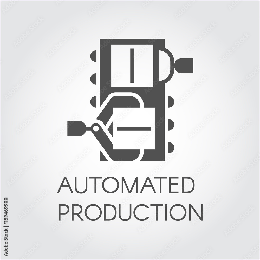 Black graphic element of grip of boxes by mechanical hands. Automated production concept. Modern equipment for factories and plants. Vector image in flat style Black graphic element of grip of boxes by mechanical hands. Automated production concept. Modern equipment for factories and plants. Vector image in flat style