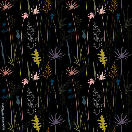 Vector floral seamless pattern with wild meadow flowers, herbs and grasses.