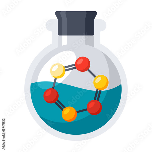 Biochemistry concept with laboratory flask and molecule, vector illustration in flat style