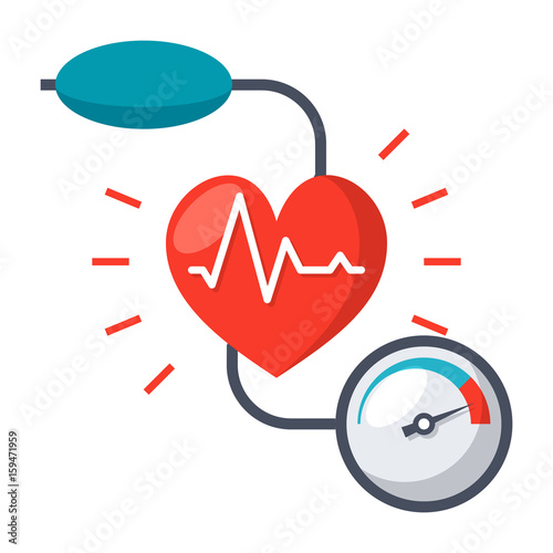 Blood pressure concept with blood pressure meter and heart, vector illustration in flat style