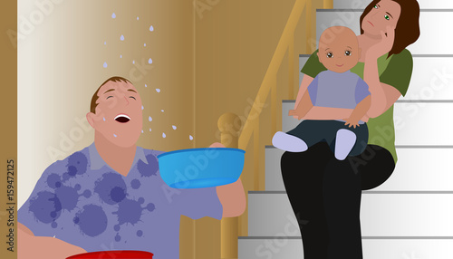 Family dealing with a water leak in the ceiling, EPS 8 vector illustration, no transparencies