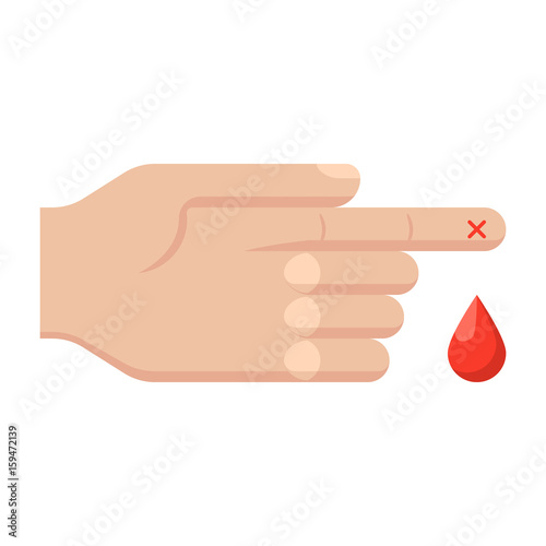 Finger with blood drop for diabetes concept, vector icon in flat style