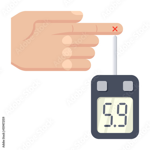 Diabetes concept with glucometer measures blood sugar level, vector illustration in flat style