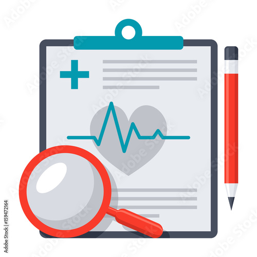 Medical diagnostic concept with medical report, pencil and magnifying glass, vector icon in flat style