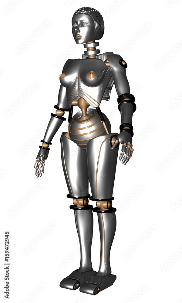 female robot or android in silver and gold standing against white background female robot or android in silver and gold standing against white background