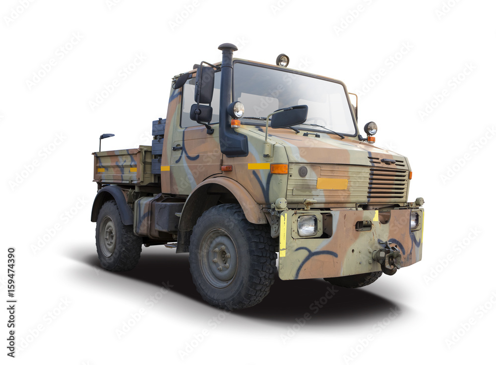 Military truck side view isolated on white