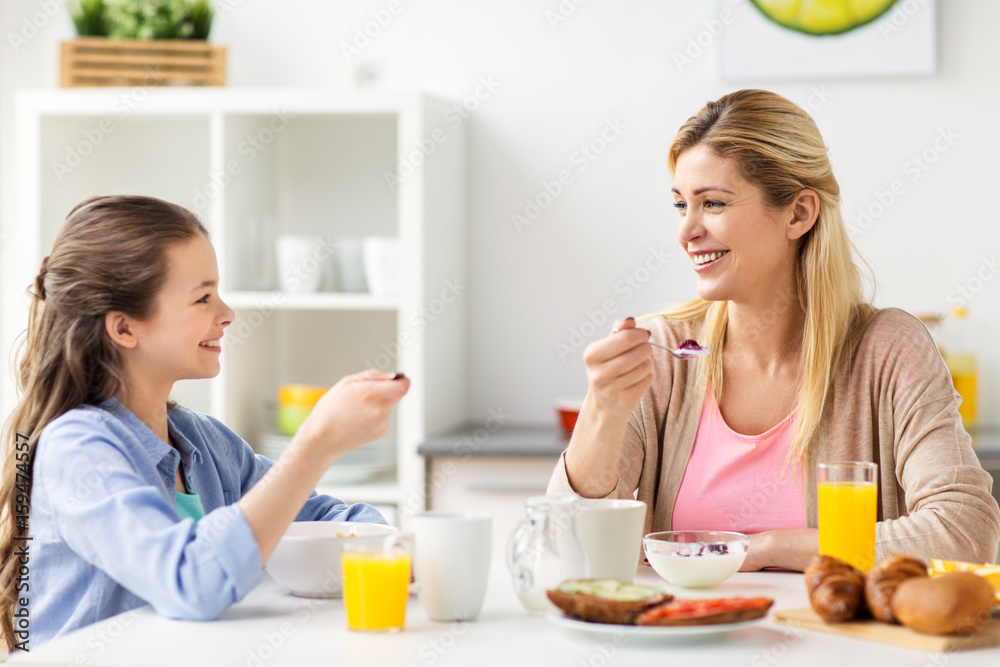 happy family having breakfast at home kitchen