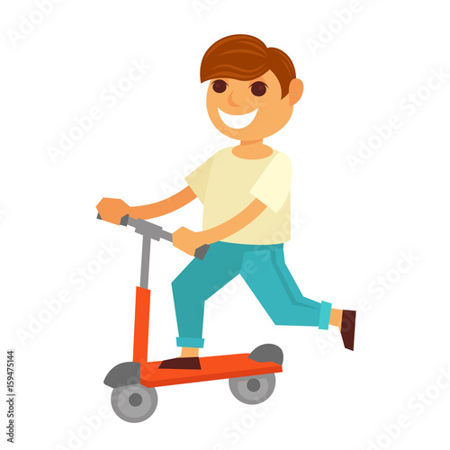 Happy little boy rides kick scooter isolated illustration