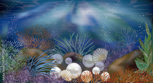 Underwater tropical wallpaper with pearls, vector illustration