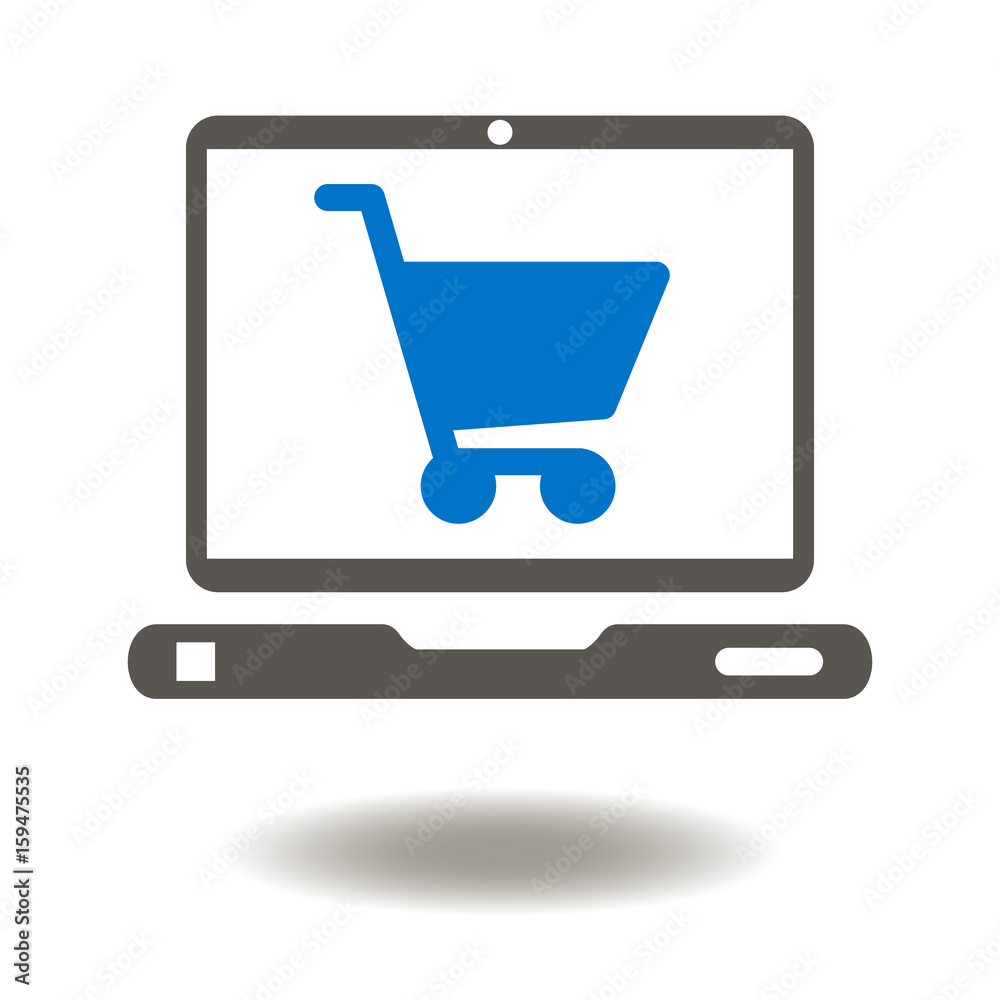 Laptop Shopping Cart Vector Icon. Mobile Computer Trolley illustration. Digital marketing online web buy shop internet store. Laptop Shopping Cart Vector Icon. Mobile Computer Trolley illustration. Digital marketing online web buy shop internet store.