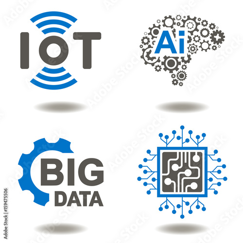 IOT AI BIG DATA MICROCHIP Vector Icon Set. Internet of things Artificial Intelligence Data Micro Circuit Information Technology Illusrations. Innovative Technologies Graphic Signs.