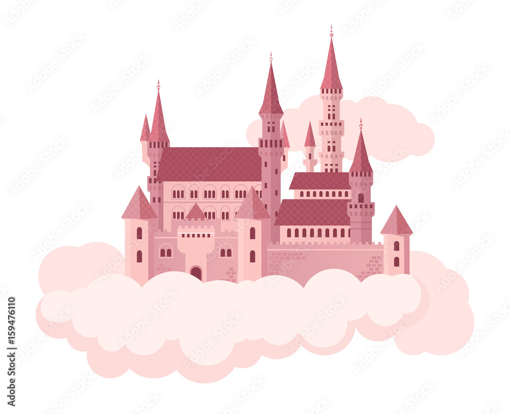 Pink castle on clouds. Vector flat illustration.