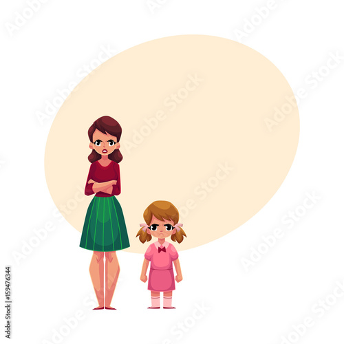 Young woman and little girl, mother and daughter standing with frowned, angry faces, cartoon vector illustration with space for text. Frowning mother and daughter, elder and younger sisters standing