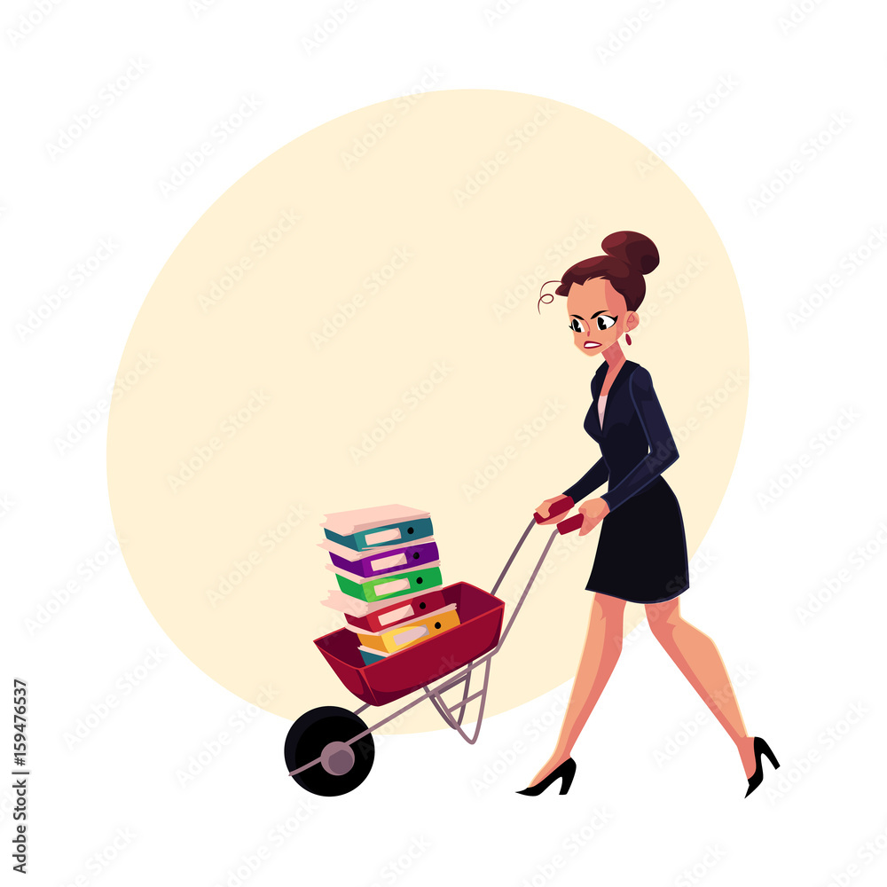 Sad, frustrated woman, girl, businesswoman pushing wheelbarrow with document folders, cartoon vector illustration with space for text. Woman, girl pushing wheelbarrow with document folders Sad, frustrated woman, girl, businesswoman pushing wheelbarrow with document folders, cartoon vector illustration with space for text. Woman, girl pushing wheelbarrow with document folders