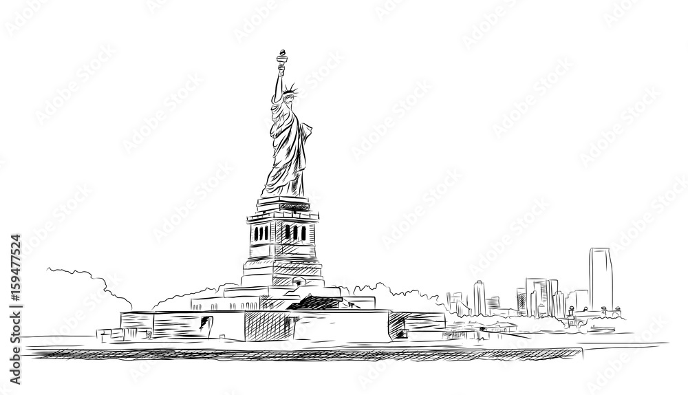 Hand drawn sketch of new york city skyline cityscape with statue of ...