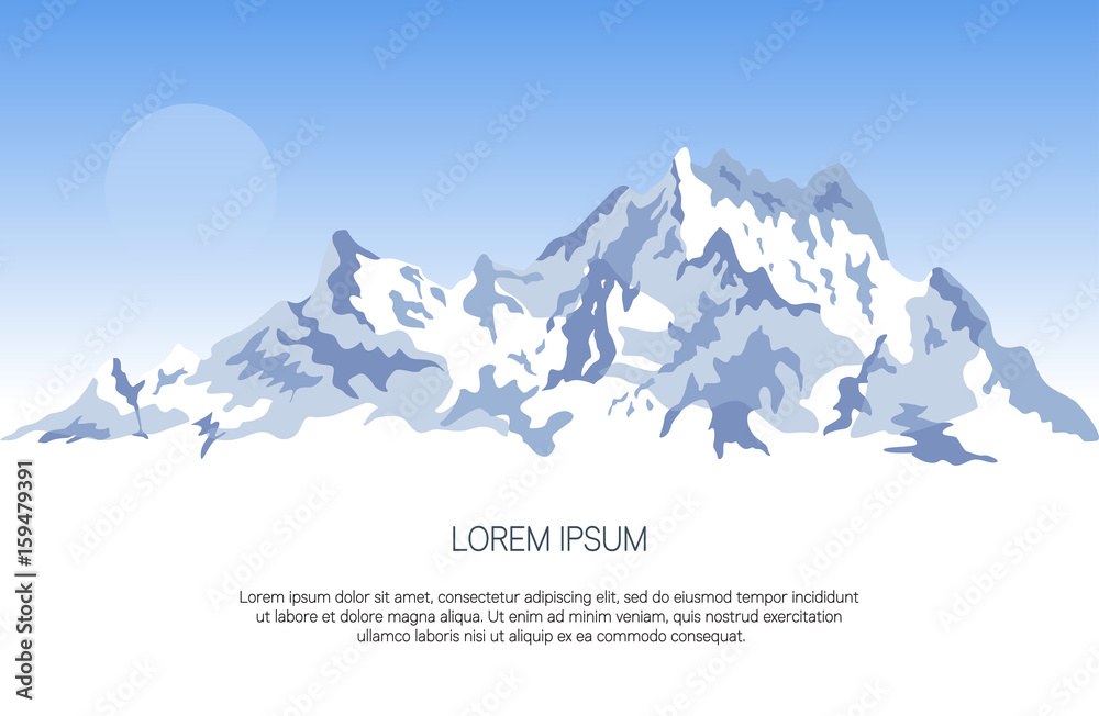 Snowy mountains background with space for text. Vector illustration for banner, poster or web design. Winter mountains landscape.
