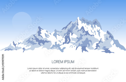 Snowy mountains background with space for text. Vector illustration for banner, poster or web design. Winter mountains landscape.