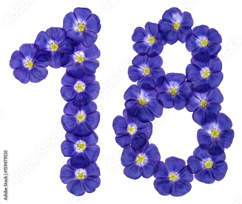 Arabic numeral 18, eighteen, one, from blue flowers of flax, isolated on white background