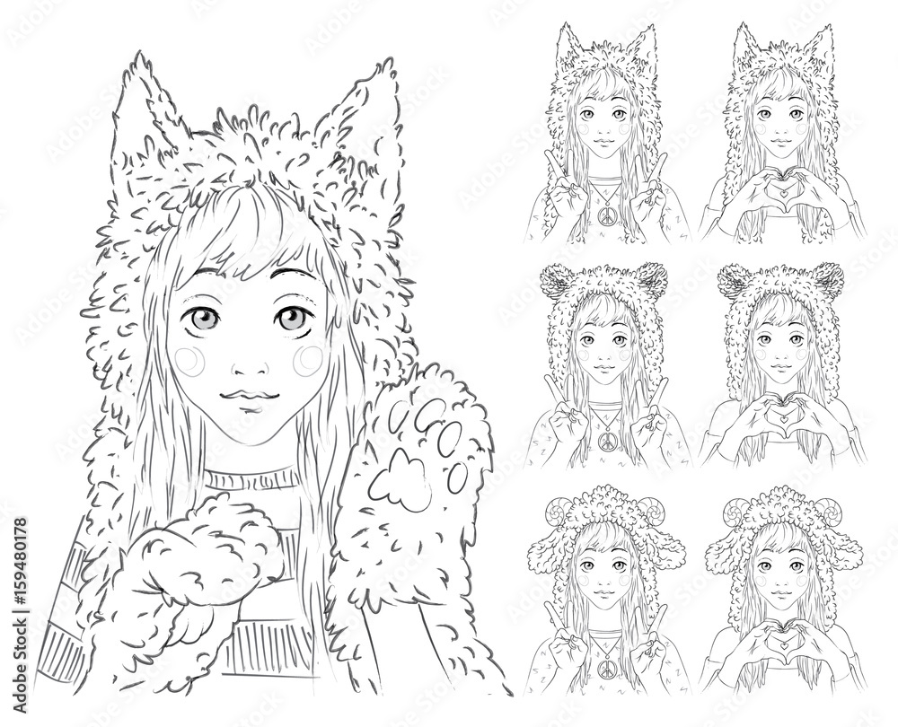 Naklejka premium Cute girl with long hair in different animal hats. Set.