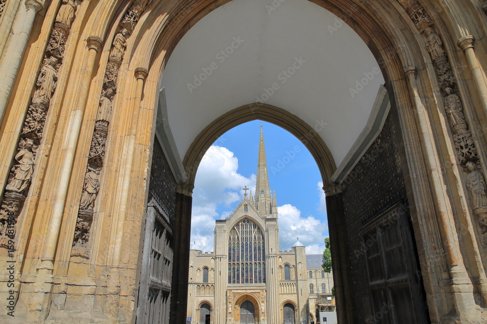 A wide-angle view of The Erpingham Gate with the Norwich Cathedral in the background, Norfolk, UK