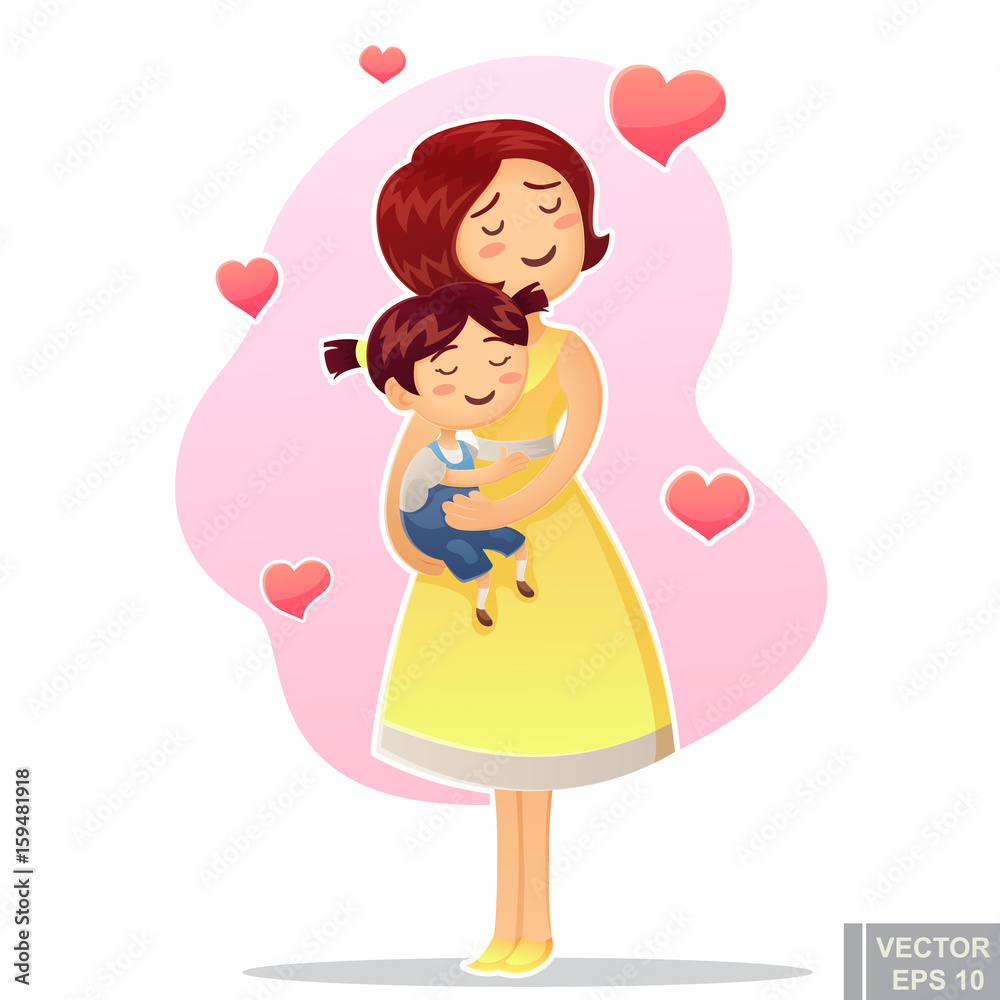Cartoon vector happy family mother holding her child Mom care love her little kid hug Cartoon vector happy family mother holding her child Mom care love her little kid hug
