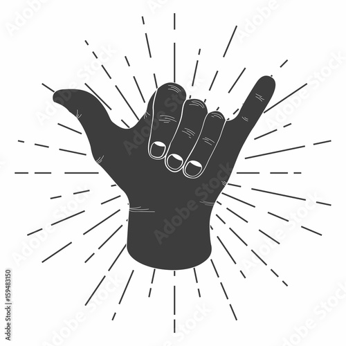 Surfing shaka hand with retro sunburst. Vintage shaka sign typography for t shirt and poster print. T-shirt graphics