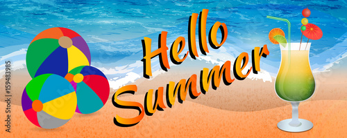 Hello summer banner with beach balls and icy cocktail glass on beach background