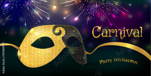 Carnival mask with shiny glitter texture. Bokeh lights and fireworks background. Invitation card template. Vector illustration EPS10.