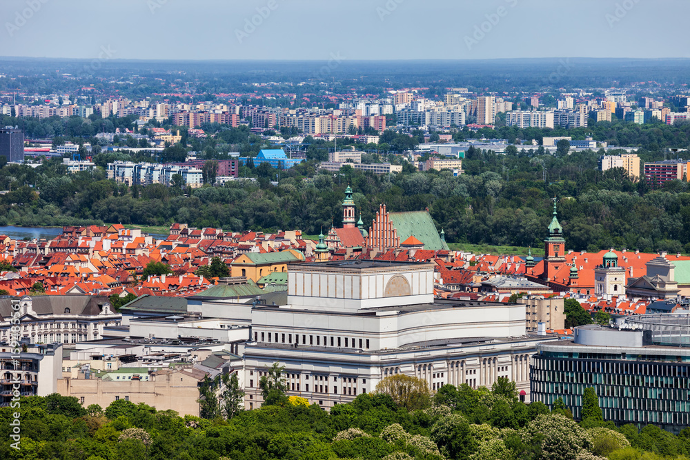 City of Warsaw Cityscape in Poland, View Towards Old Town and National Theatre