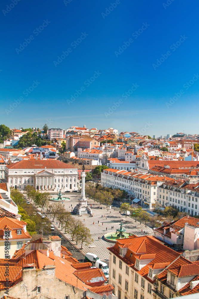 Lisbon skyline from Santa Justa Lift. Building in the centre is National Theatre D. Maria II on Rossio Square (Pedro IV Square) in Lisbon Portugal