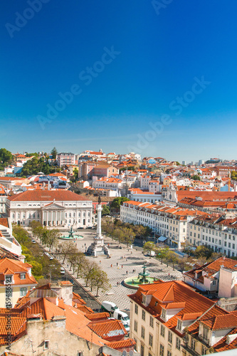 Lisbon skyline from Santa Justa Lift. Building in the centre is National Theatre D. Maria II on Rossio Square (Pedro IV Square) in Lisbon Portugal