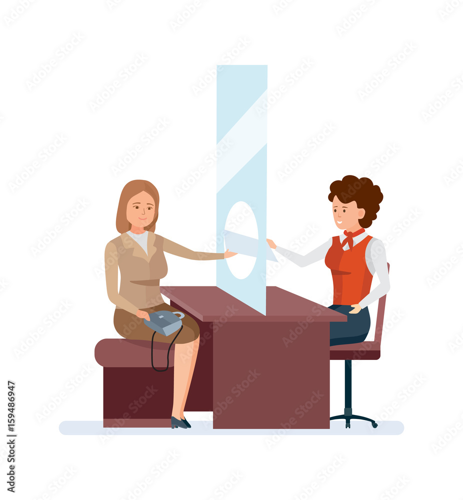 Manager, serves permanent client, with gold card behind office table. Manager, serves permanent client, with gold card behind office table.