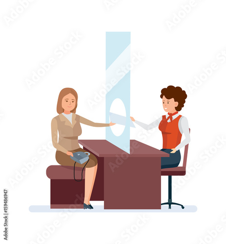 Manager, serves permanent client, with gold card behind office table.