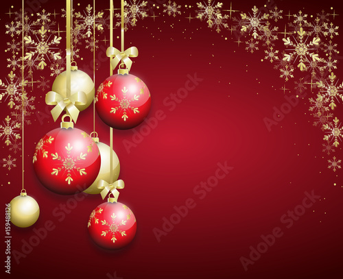 red christmas background decorated with christmas bulbs