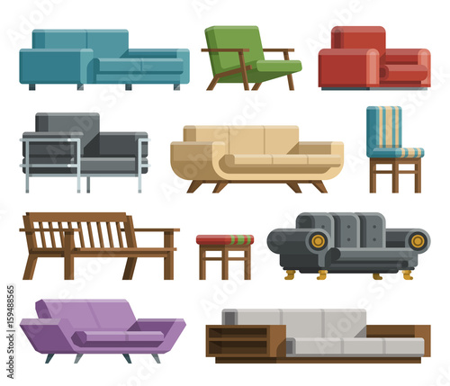 Collection of different kinds sofas and armchairs in cartoon flat style. Modern and retro beds and sofas for relax. Interior furniture for home design. Isolated on white background.