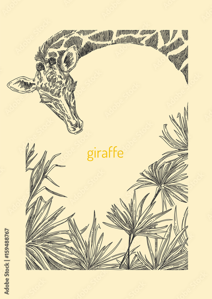 Beautiful background with a giraffe and palm trees. Vintage style. Vector illustration.