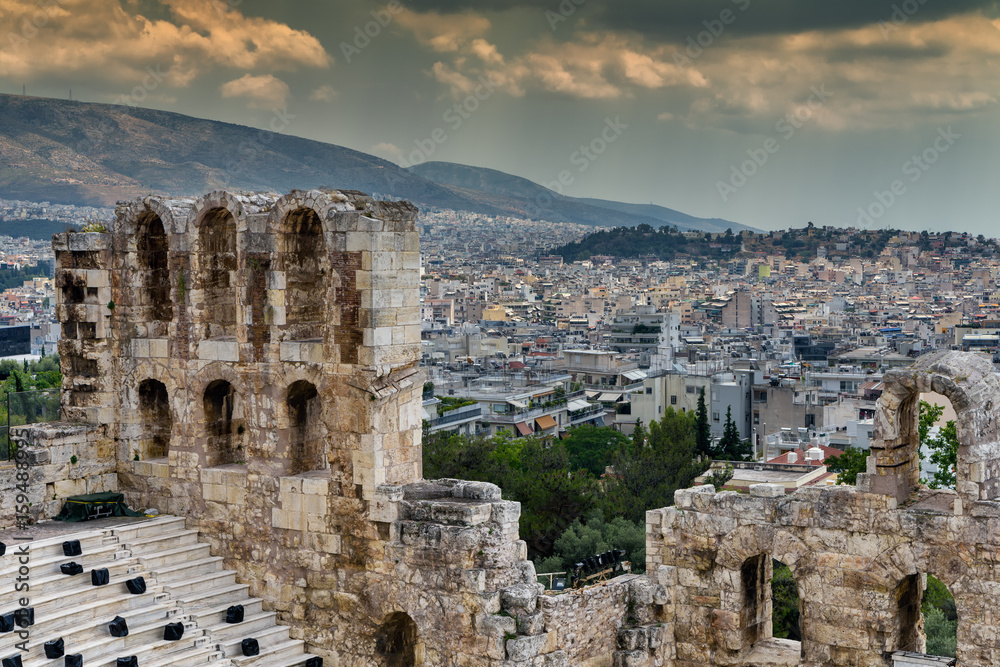 View of Greek Theatre at Acropolis and city of Athens in the backgroun